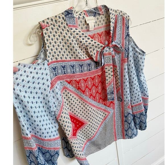 Chico's‎ Bohemian Elements Cold-Shoulder Tie-Neck Top Blue/ Red Scarf 2 L/12 - Picture 5 of 11